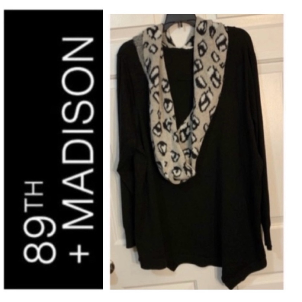 💛 🍀 89th + MADISON Black Asymmetric Hem Sweater with Matching Scarf NWT 1X